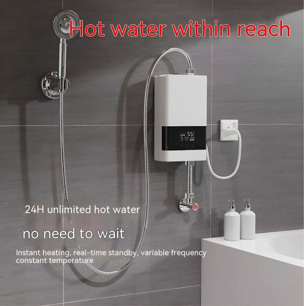 Small household quick-heating water heater with LED touch screen display in gold, silver, or white finish