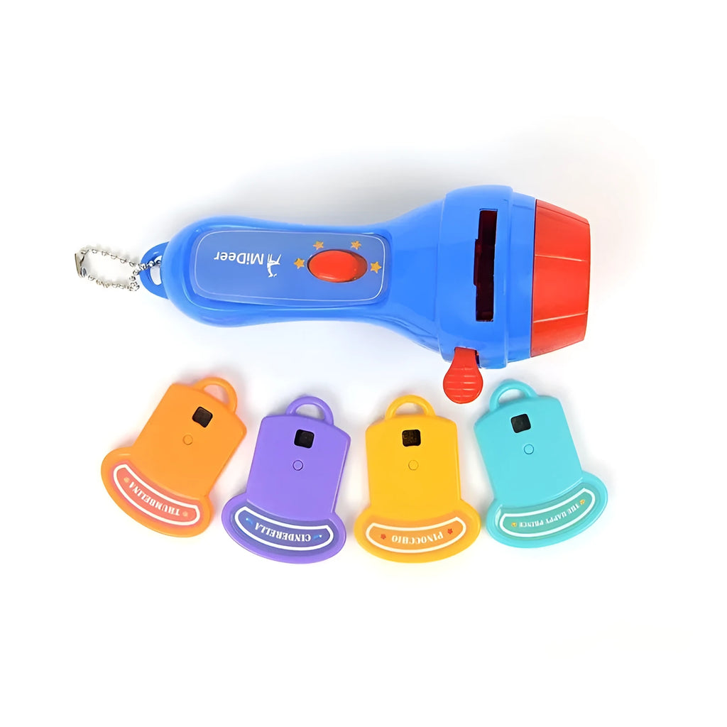 Kids handheld storybook projector torch with four fairy tale discs projecting images on wall