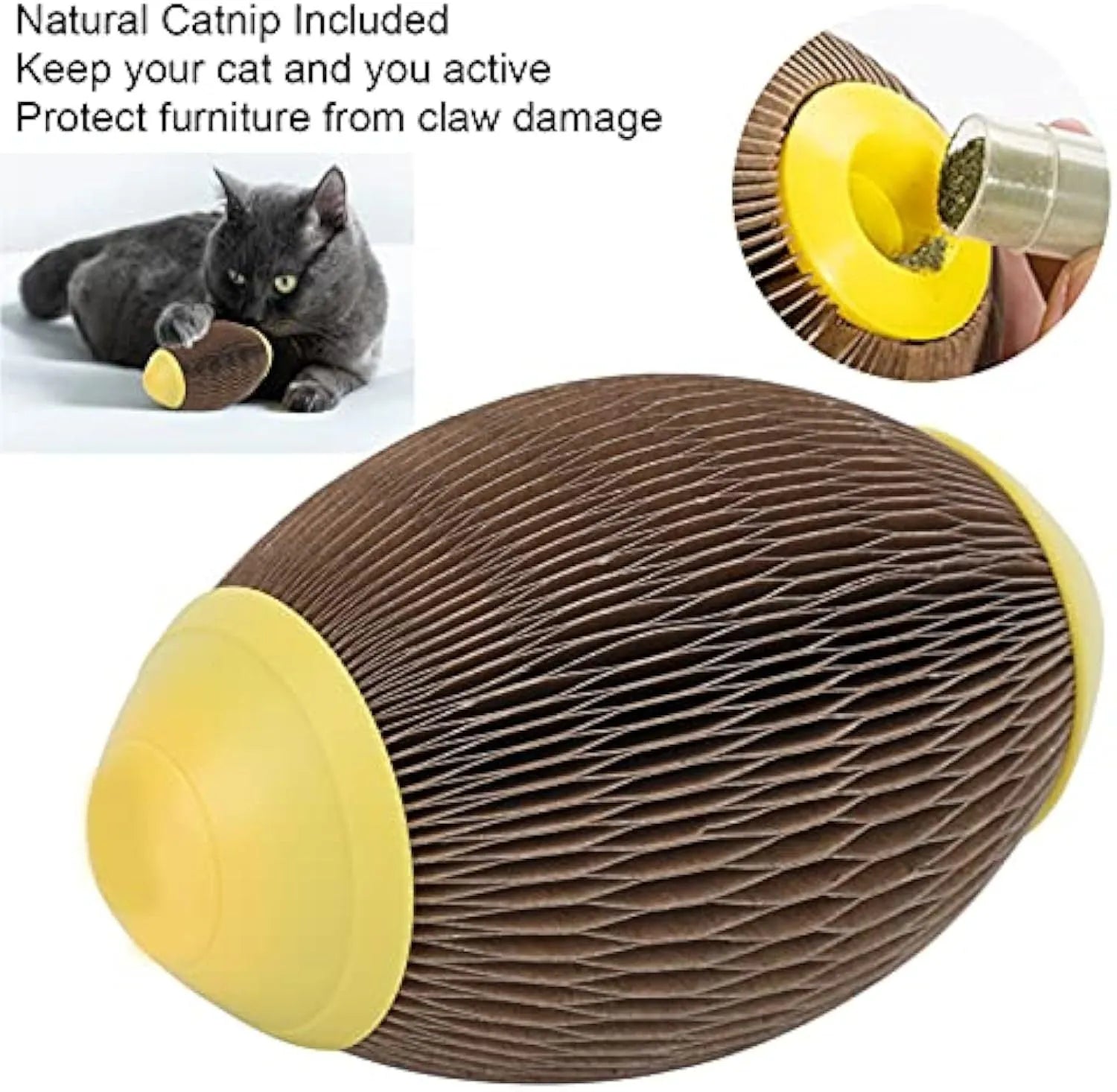 Ellipse-shaped catnip football toy made from recycled corrugated paper with scratching surfaces