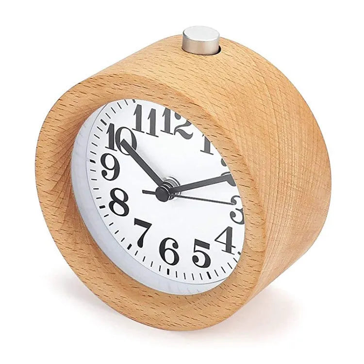 Solid beech wood square alarm clock with silent quartz movement measuring 9.5cm
