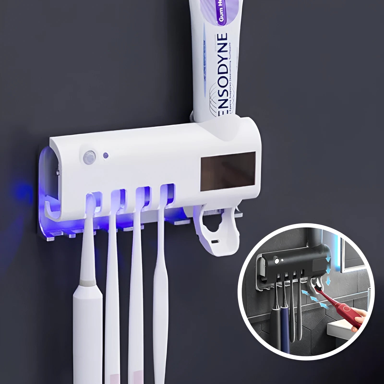 White intelligent wall-mounted UV toothbrush steriliser with automatic toothpaste squeezer unit.