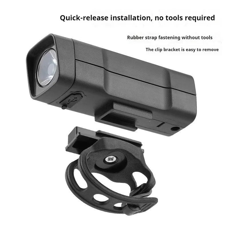 USB rechargeable bicycle headlight with quick-release strap bracket for handlebar mounting