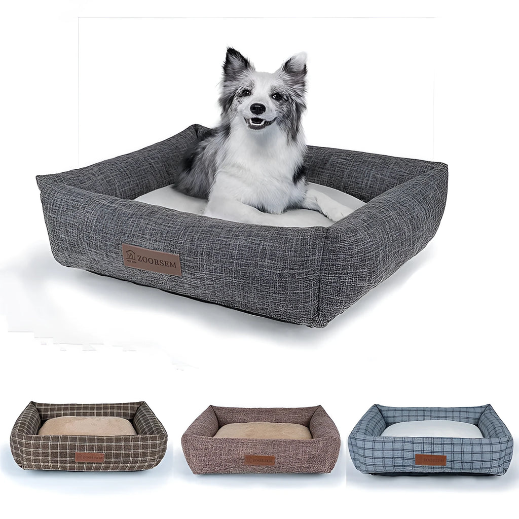Grey and brown plaid linen square dog bed in four sizes from 50x40cm to 80x60cm