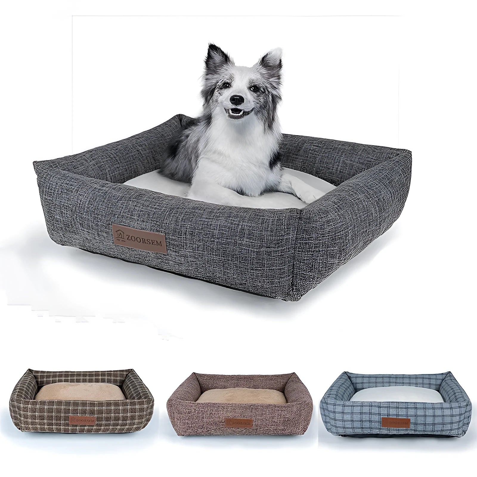 Grey and brown plaid linen square dog bed in four sizes from 50x40cm to 80x60cm