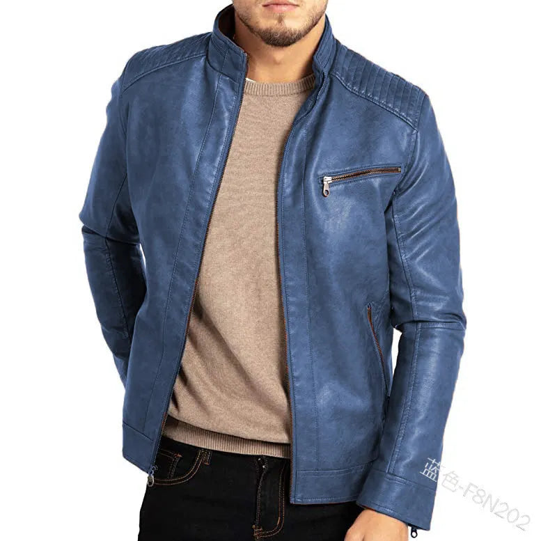 Men's brown artificial leather punk motorcycle jacket with a stand collar on a hanger.