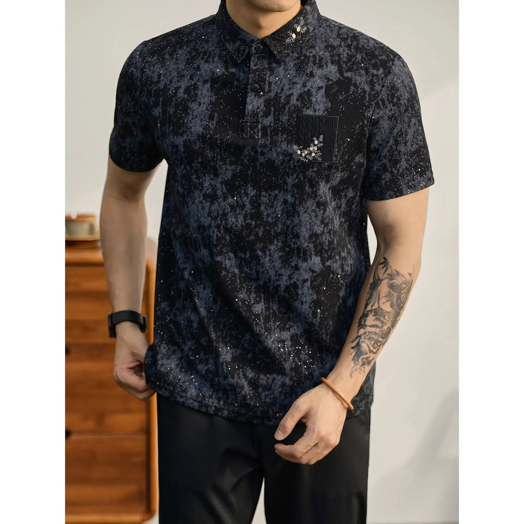 Men's short-sleeve tie-dye T-shirt in black, ice silk polyester, loose fit for summer
