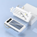 Cool black and ivory white solar power bank showing front display and solar panel surface.