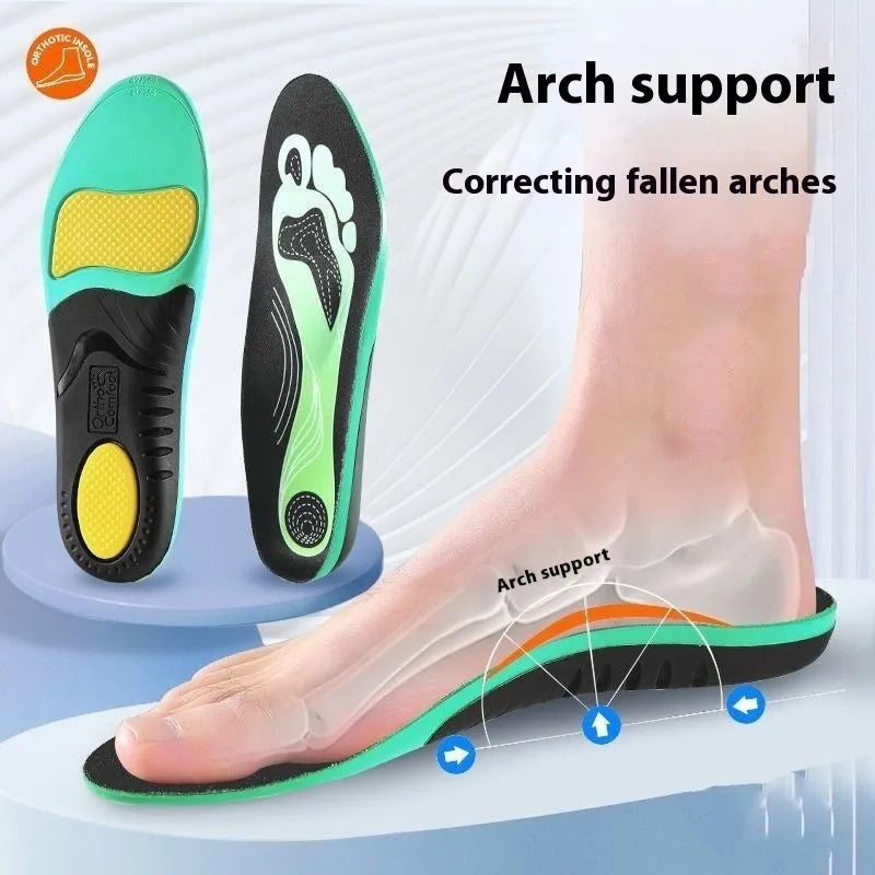 Blue and green flat foot correction PU insoles for arch support, shown in universal sizes.