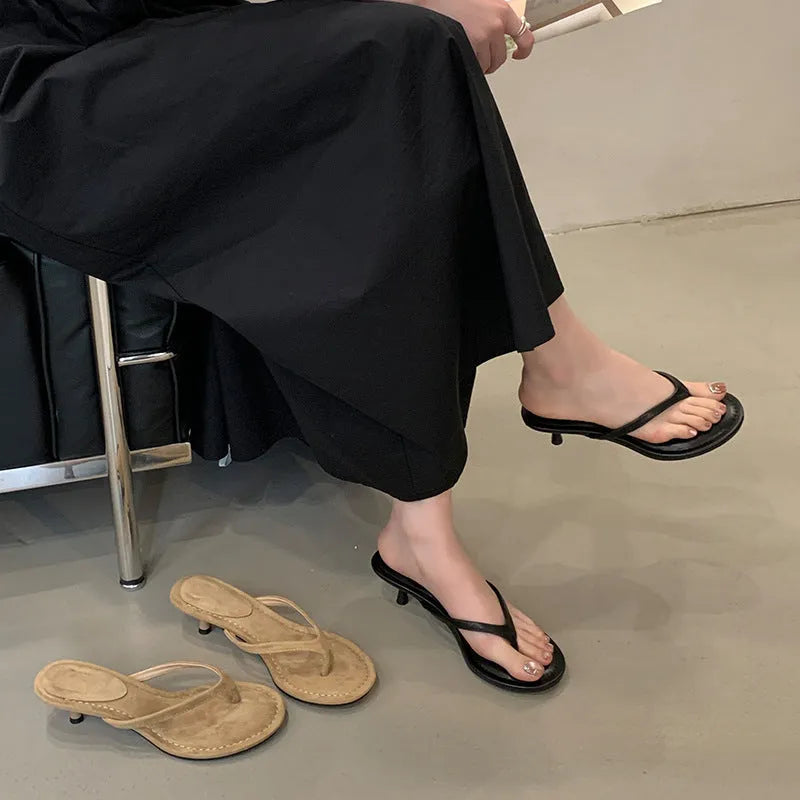 Women's round toe stiletto flip-flops in black or camel rubber sandals