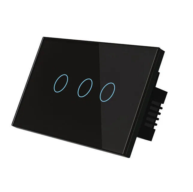 2-gang RF touch light switch with tempered glass panel in white colour showing touch controls
