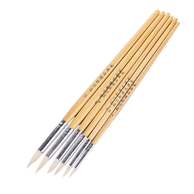 Wooden hook line pen brush six-piece set with artistic wool pointed design in conventional colours