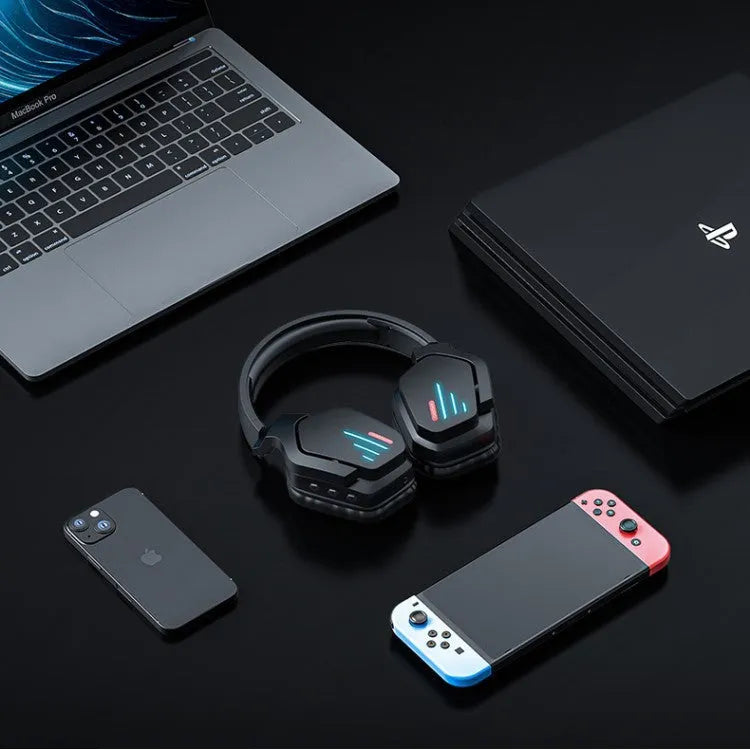 Luminous black wireless stereo headphones with LED lighting, head-mounted design