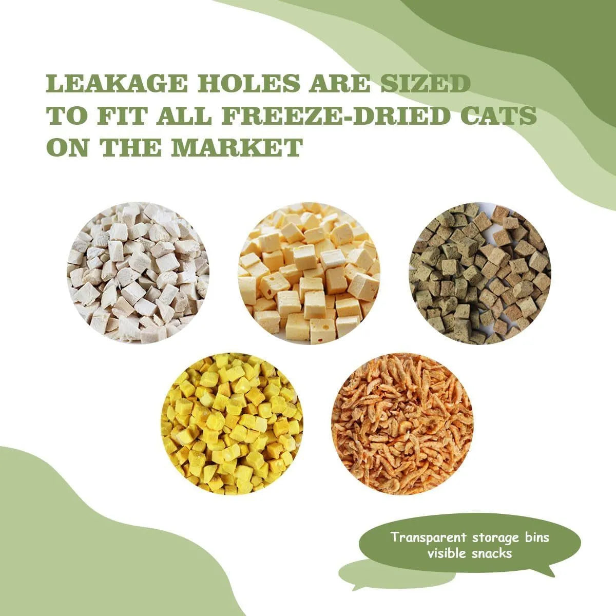 Blue and green interactive cat treat dispenser toy with a track ball on a wooden floor.