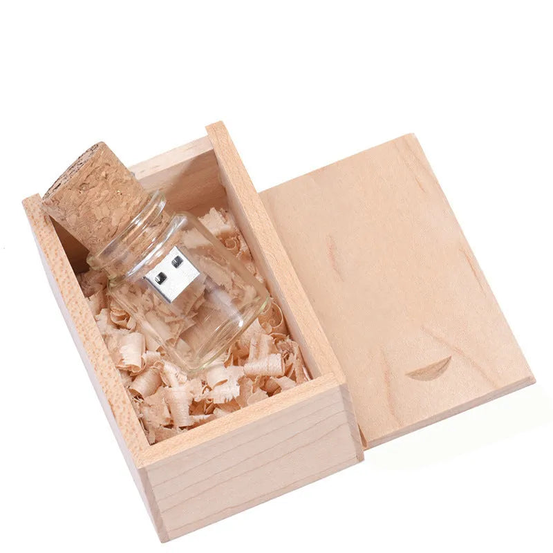 Chocolate brown wooden USB flash drive in a drift bottle shape with space for custom graphics.