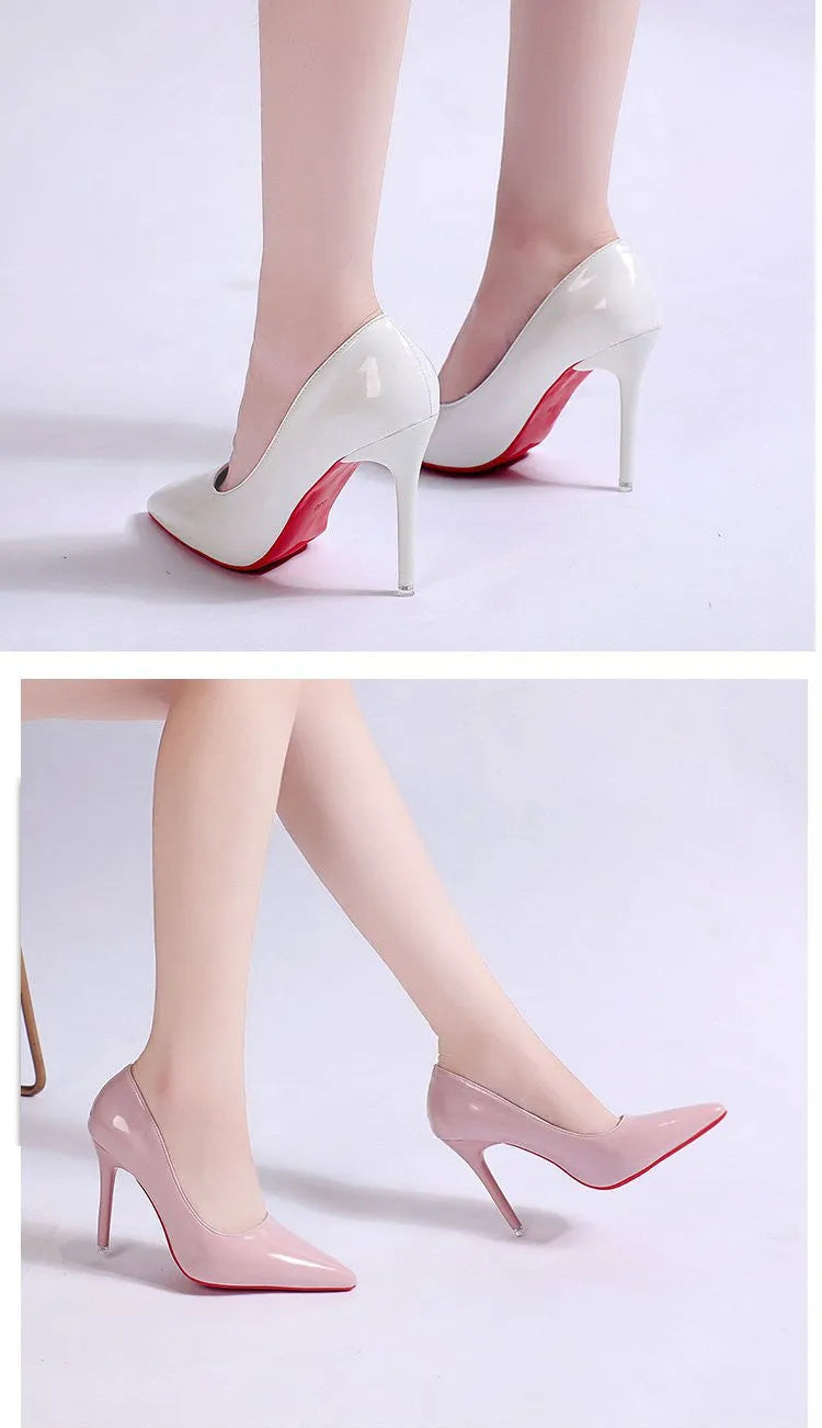 Women's black PU stiletto heel pump shoes with pointed toe and shallow mouth cutout design on white background