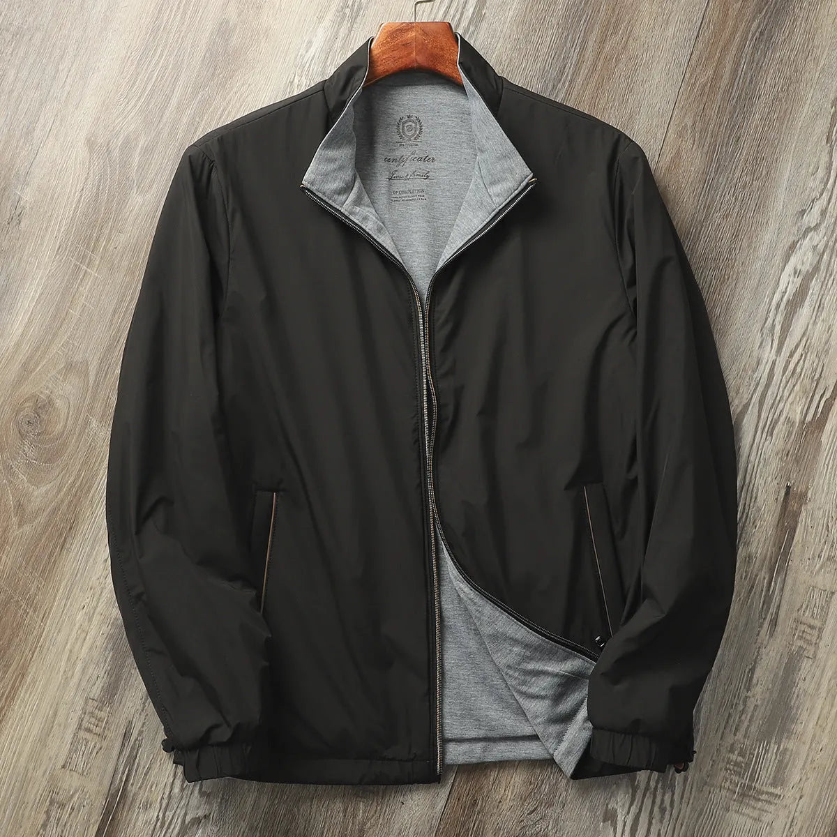 Men's stand collar casual jacket in polyester blend, shown in army green colour.