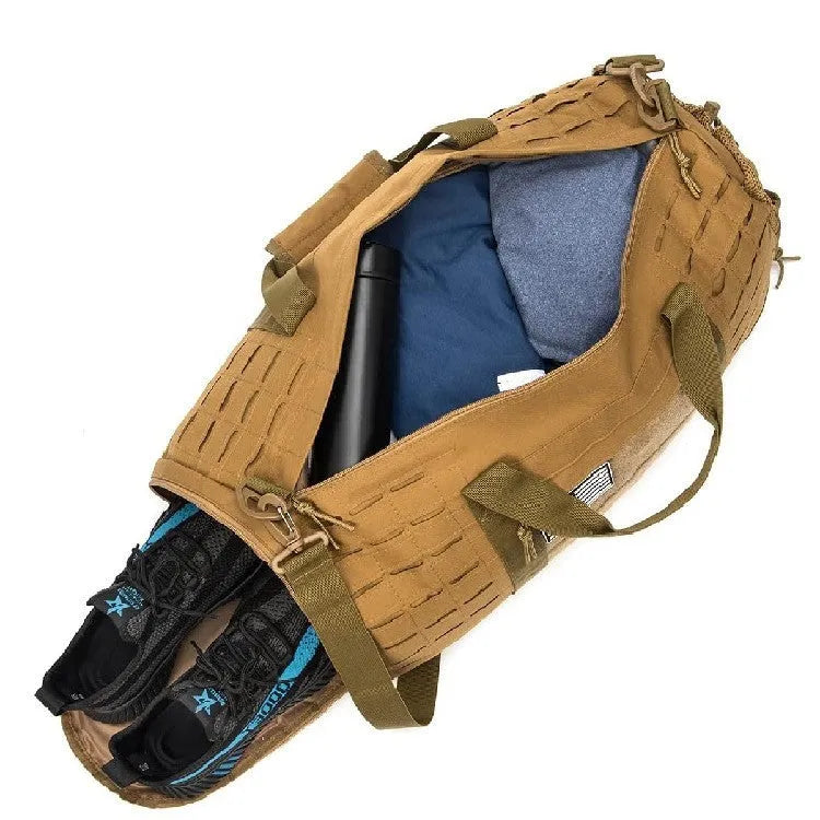 Men's khaki Oxford cloth sports handbag with air-pillow shoulder strap showing waterproof storage capacity