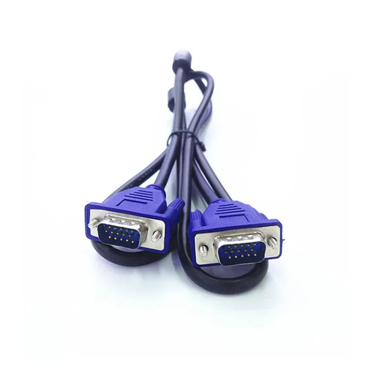 Black VGA cable with blue connectors and nickel-plated terminals measuring 1.5 metres for computer to monitor connection