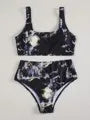 Women's high-waist bikini with marble tie-dye print and U-neck top