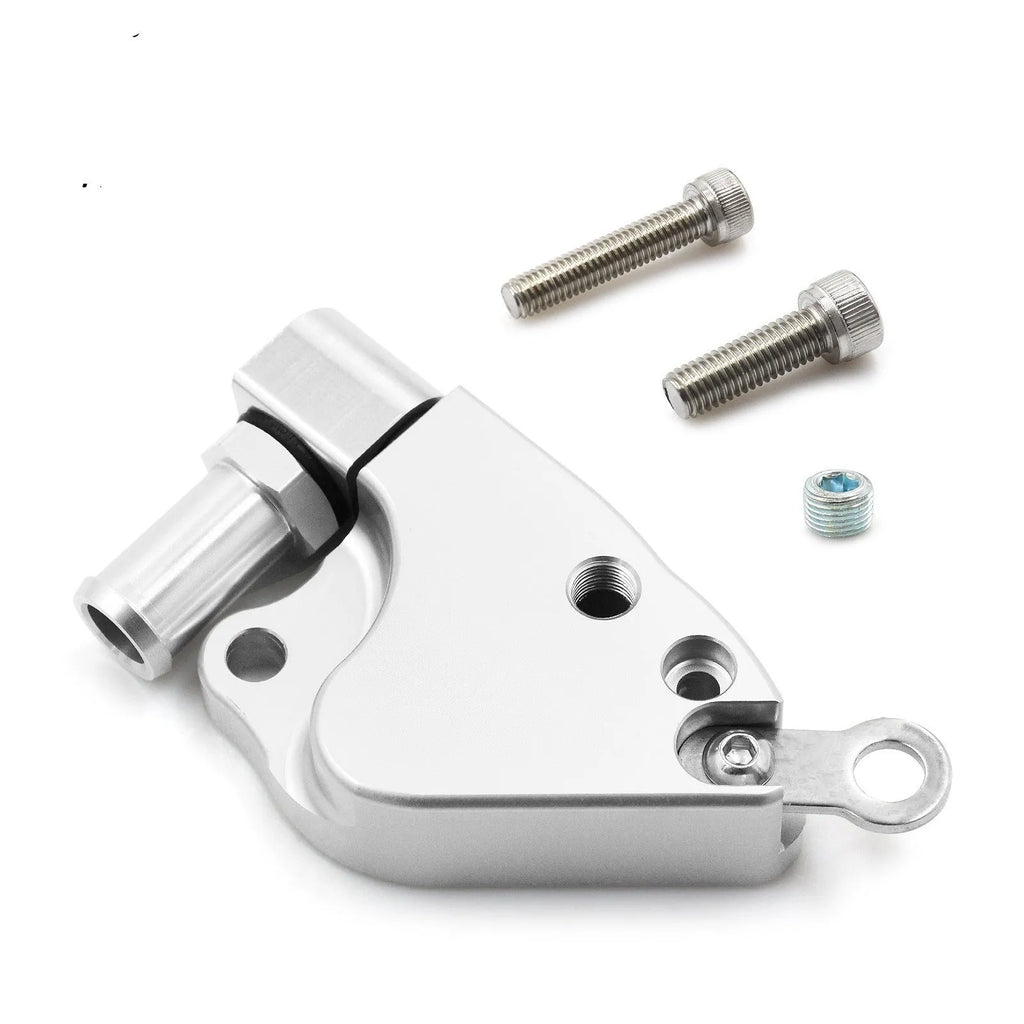 Aluminium intake manifold coolant adapter for Honda K20 K24 engines showing ports and mounting surfaces