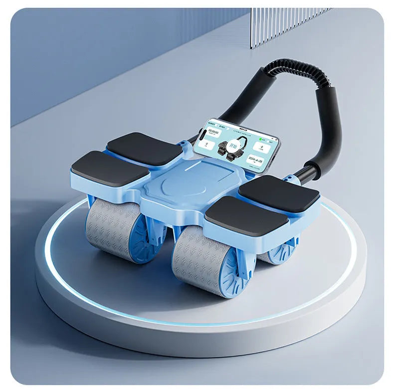 Abdominal exercise wheel with automatic rebound feature and four wheels, shown in blue on a floor.