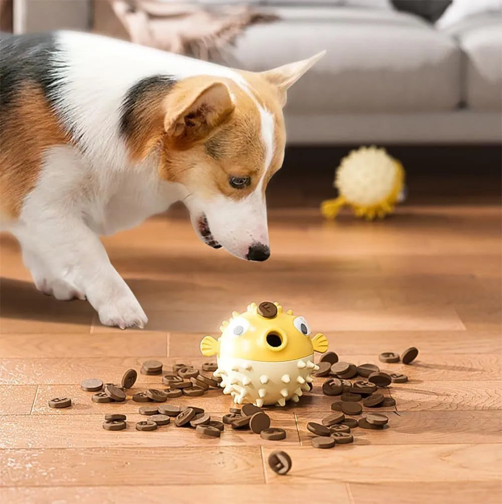 Green interactive fish-shaped dog toy with treat dispensing hole and raised cleaning particles