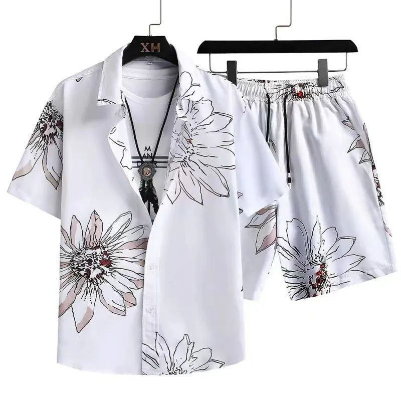 Man wearing a digitally printed short sleeve cardigan and matching shorts casual suit.