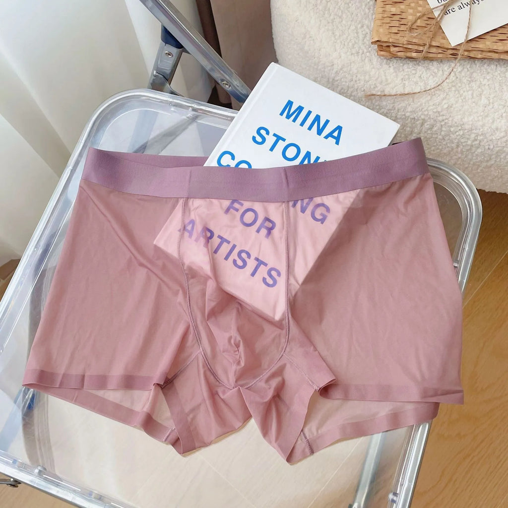 Men's thin seamless boxer shorts in knitted nylon fabric, shown in a neutral colour on a flat surface.