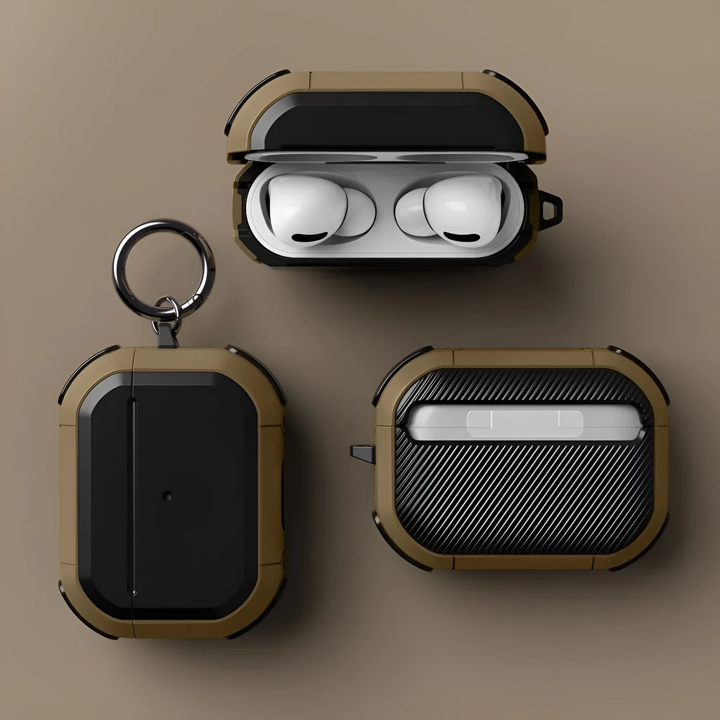 Black TPU and PC protective shell case for Apple AirPods 1, 2 and AirPods Pro charging case.