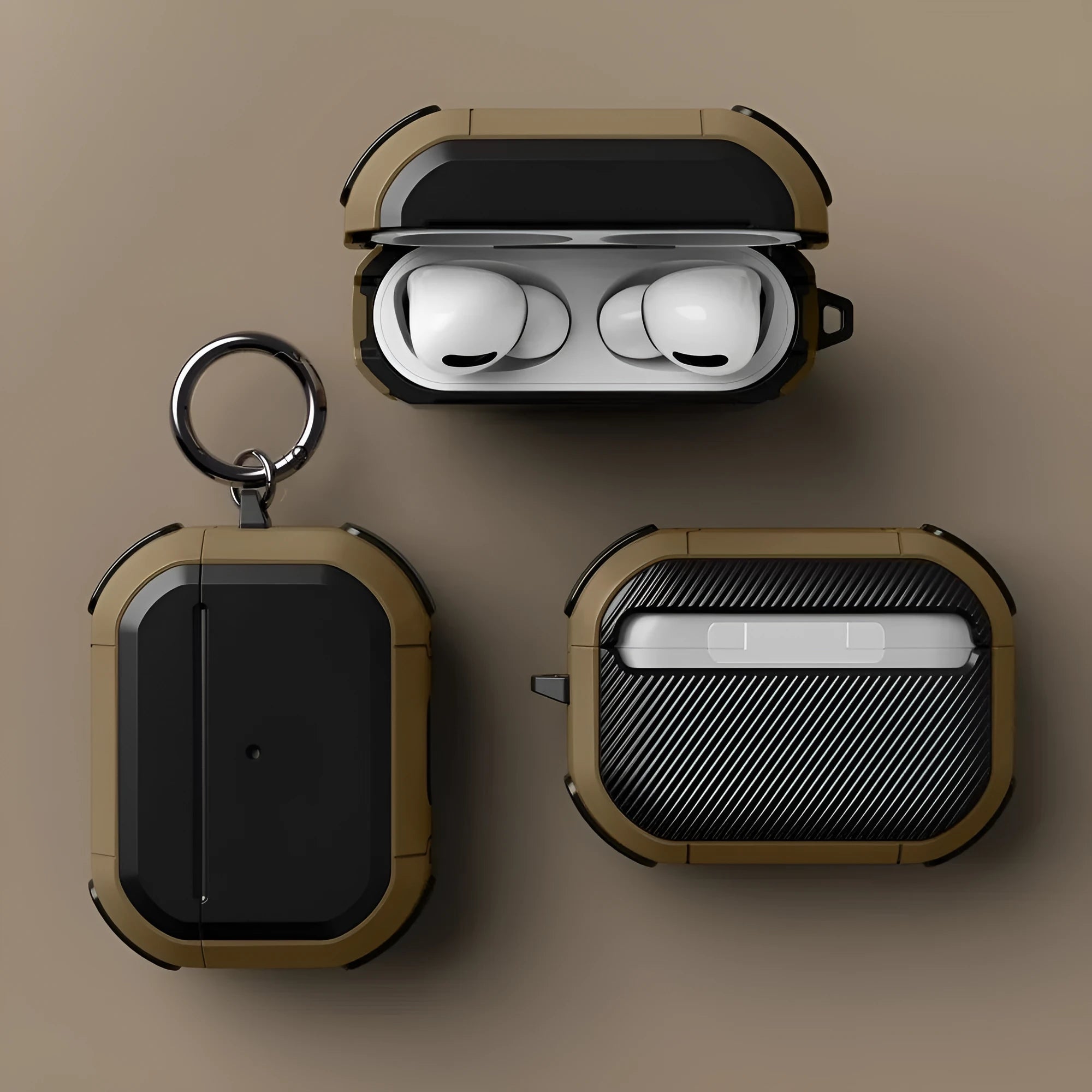 Black TPU and PC protective shell case for Apple AirPods 1, 2 and AirPods Pro charging case.
