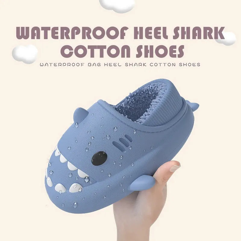 Waterproof gradient shark cotton slipper with artificial PU upper in white blue colourway