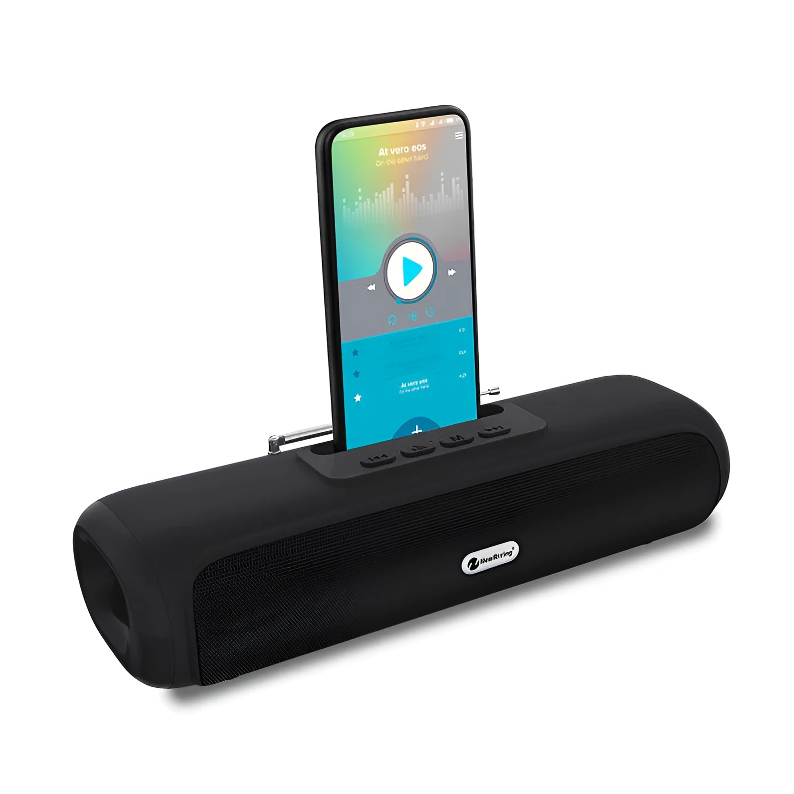 Desktop wireless long strip speaker in black with radio subwoofer grille and USB charging port