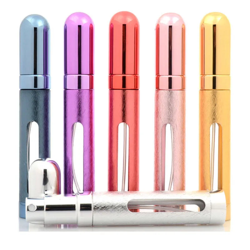 Slim 12ml aluminium travel perfume bottle in six colour options: blue, gold, pink, red, silver, violet.