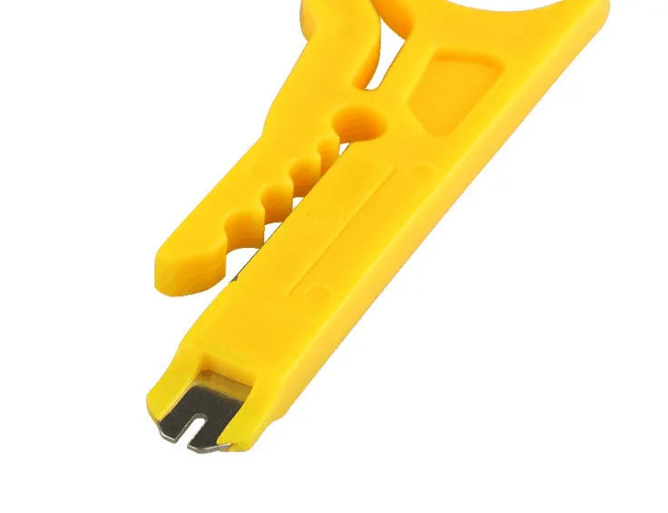 Yellow portable wire stripper tool for 0.6mm diameter cables with snap-in metal blade