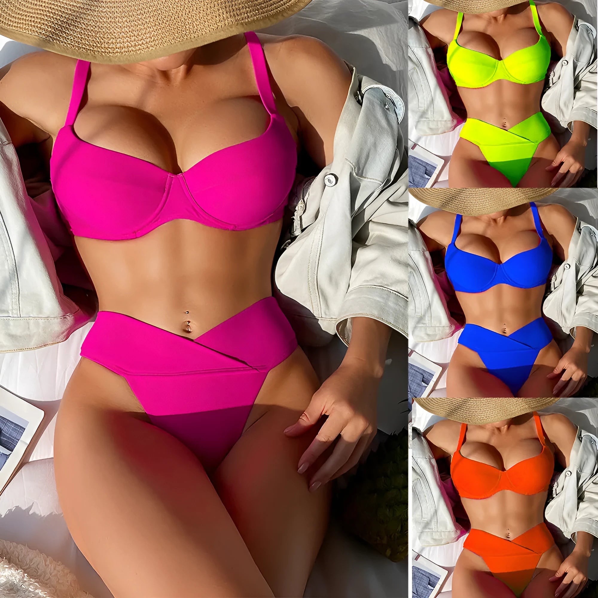 Women's solid colour nylon bikini swimsuit in fluorescent pink on a mannequin.