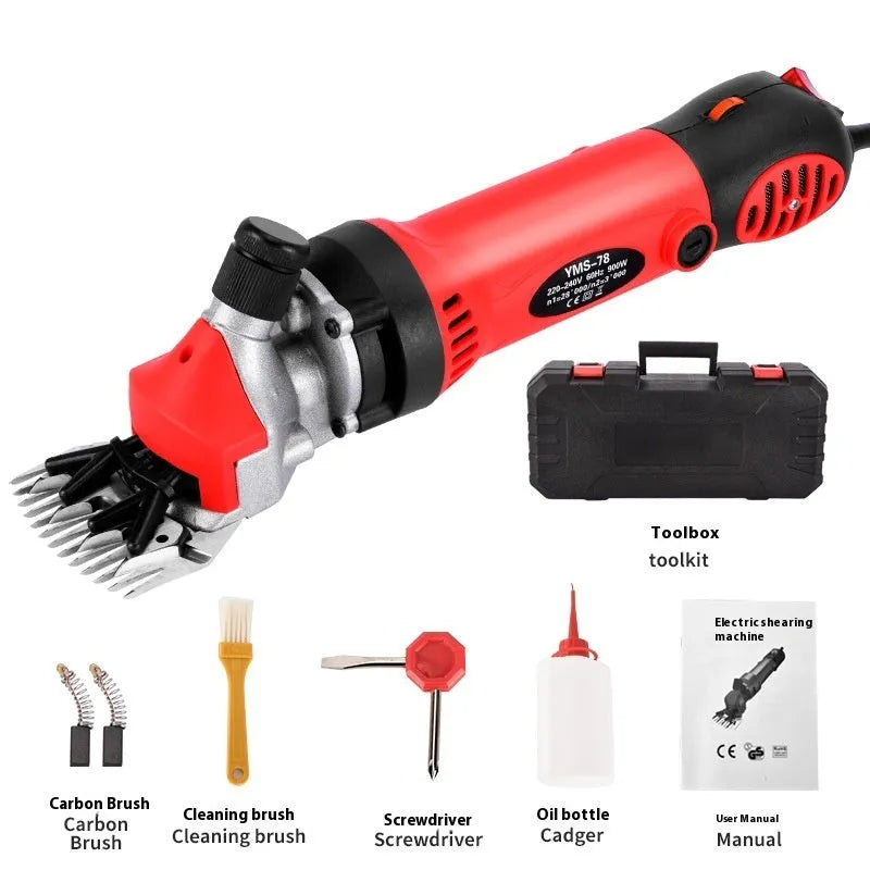 Yellow electric wool shearing machine with 110V plug and multiple blade attachments including straight and curved knives