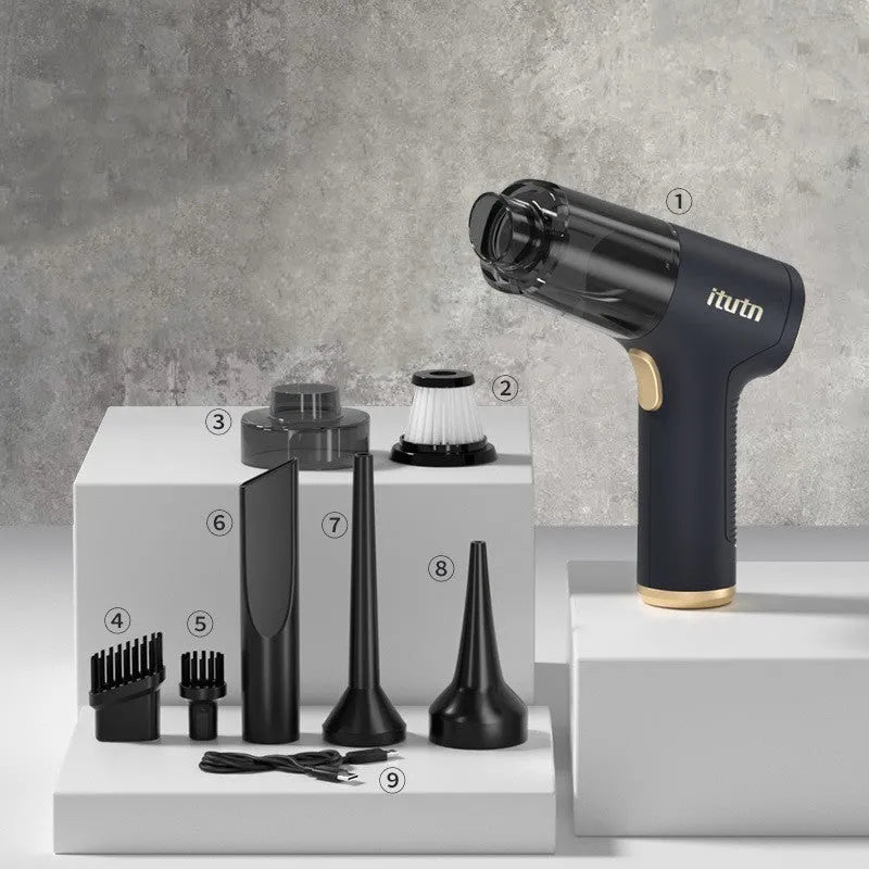 Black wireless handheld car vacuum cleaner with multiple nozzle attachments on display