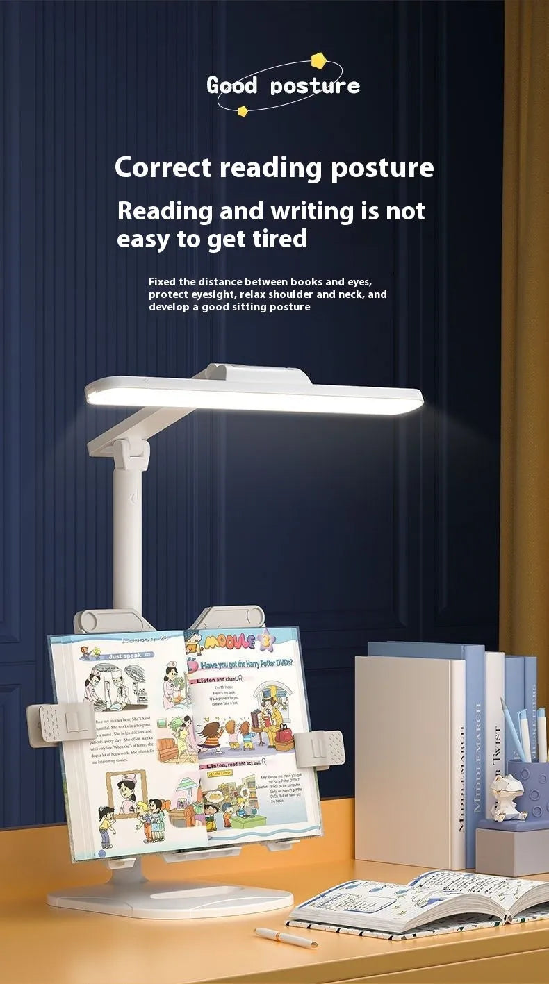Multifunctional adjustable desk lamp with a built-in bookshelf shelf and three-speed colour temperature control.