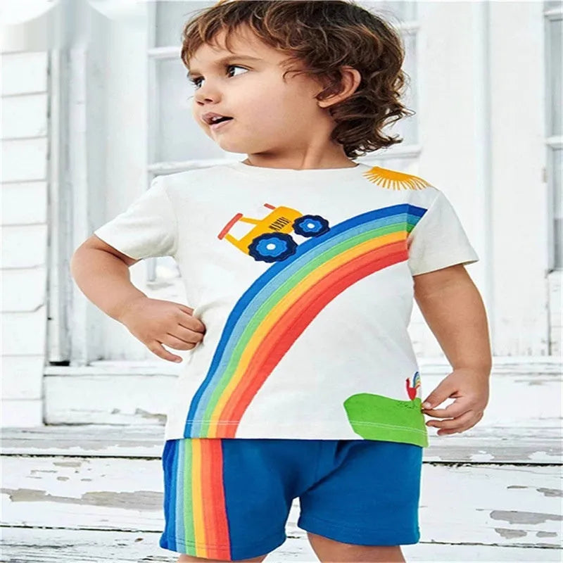 Cotton Rainbow Short Sleeve Summer Baby Boys Suit Two-Piece Set European and American Style Ivory White 2T to 7T for Toddler Kids Blouse and Shorts