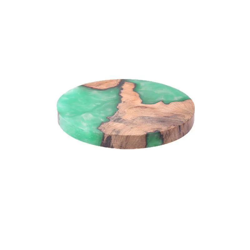 Nordic style wooden coaster with heat insulation resin in green, round tumour design.