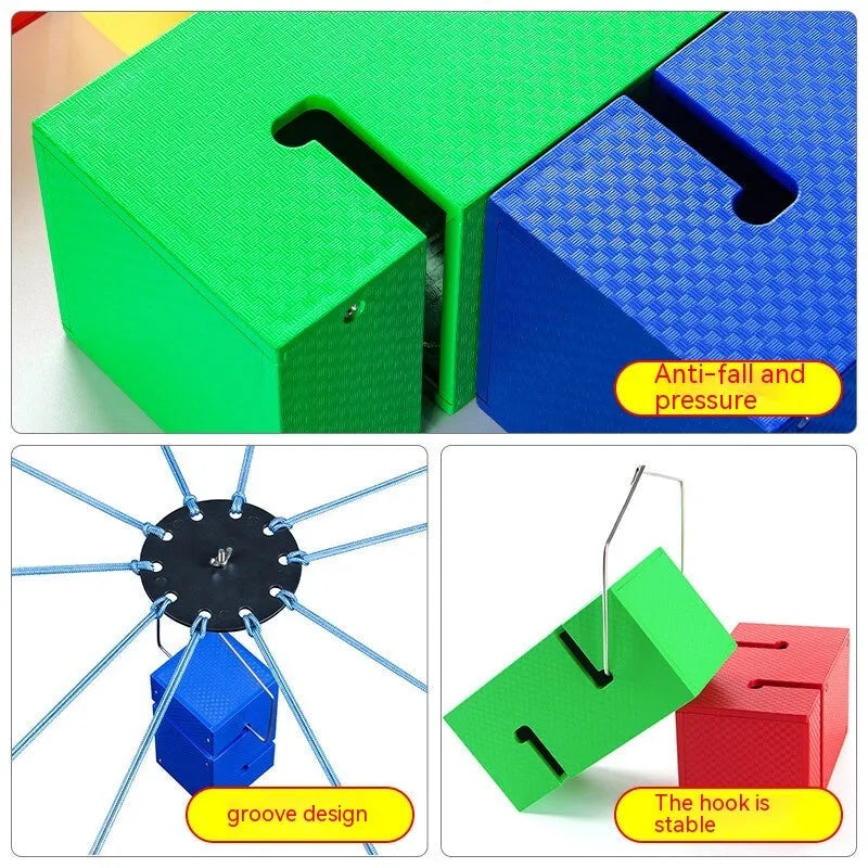 Outdoor team building equipment with ABS blocks, pull ropes, and hook frame set in multiple colours
