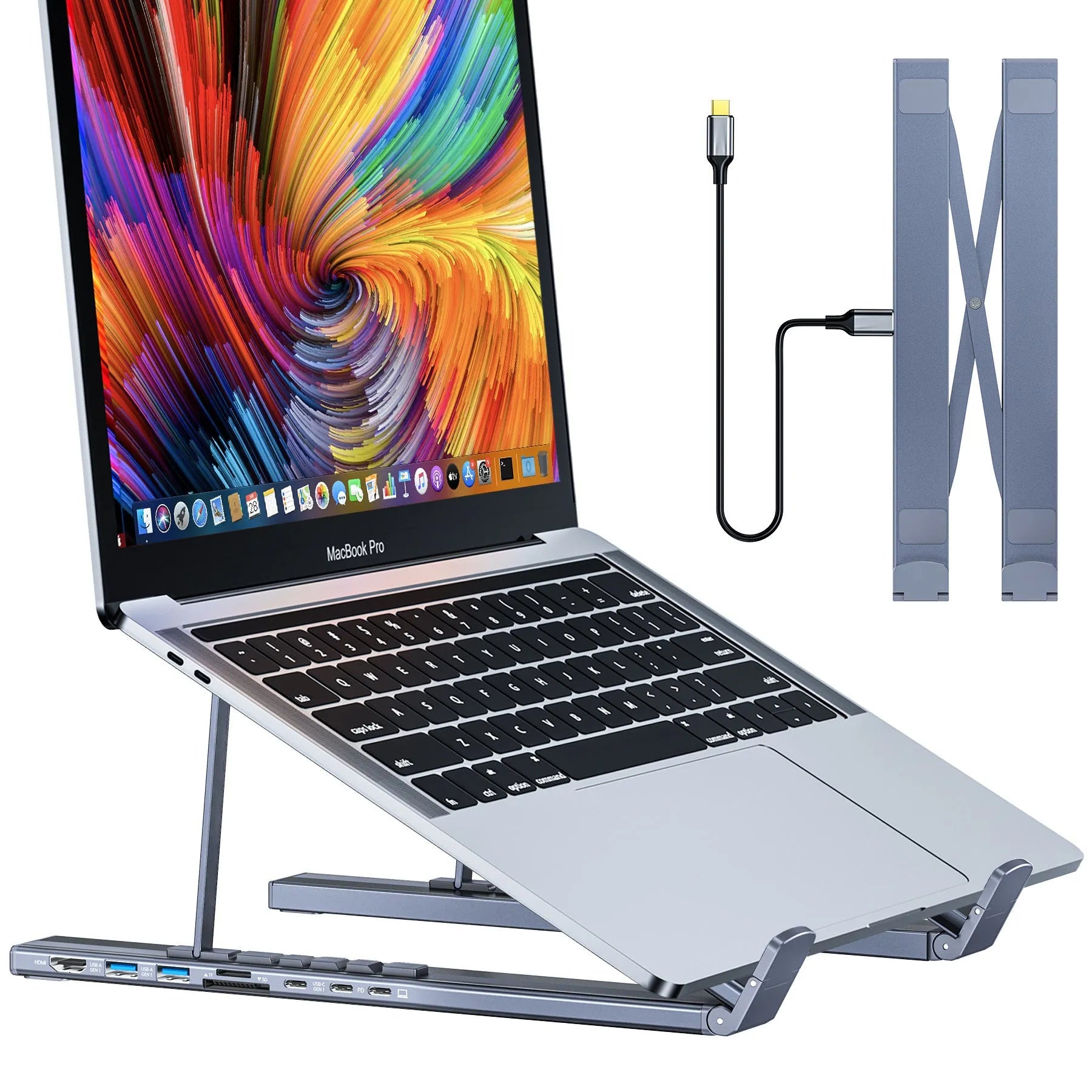 Aluminium alloy folding laptop docking station stand with multi-port HUB and 0.6m cable
