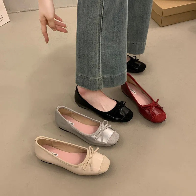 Women's retro ballet flat shoes with square toe and bow detail in wine red colour