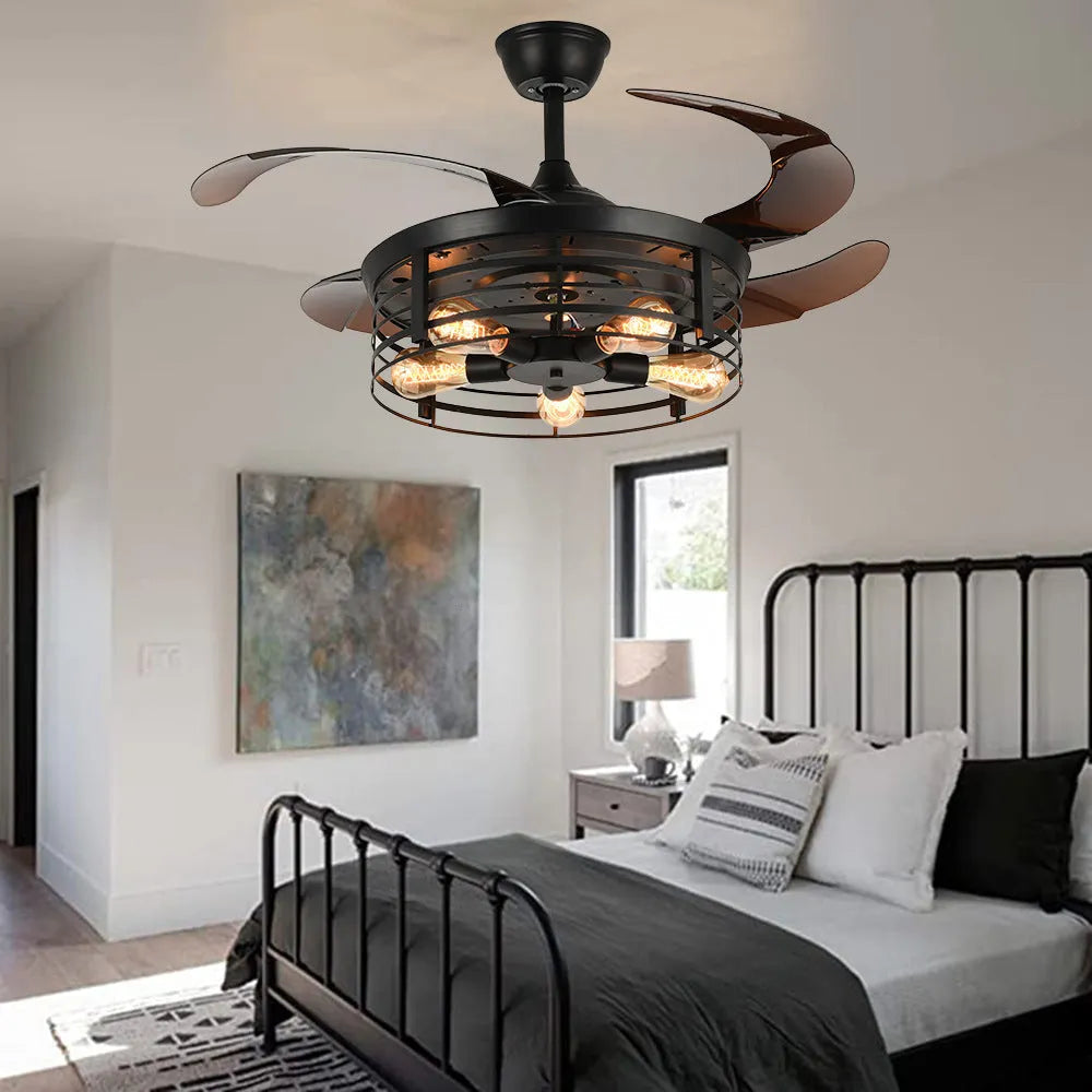 Industrial ceiling fan lamp with integrated lighting and acrylic blades in American retro style