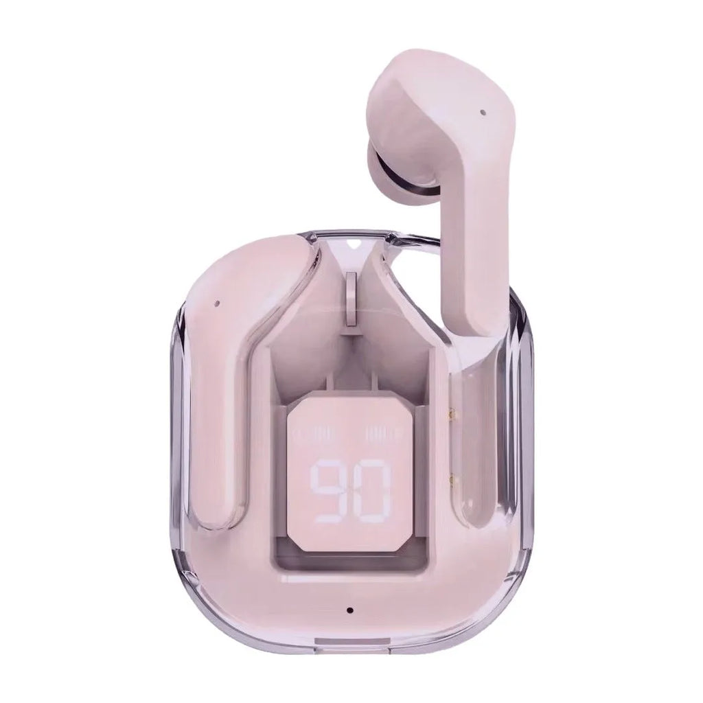 Transparent space capsule case showing Jerry chip Bluetooth earphones inside with digital battery display