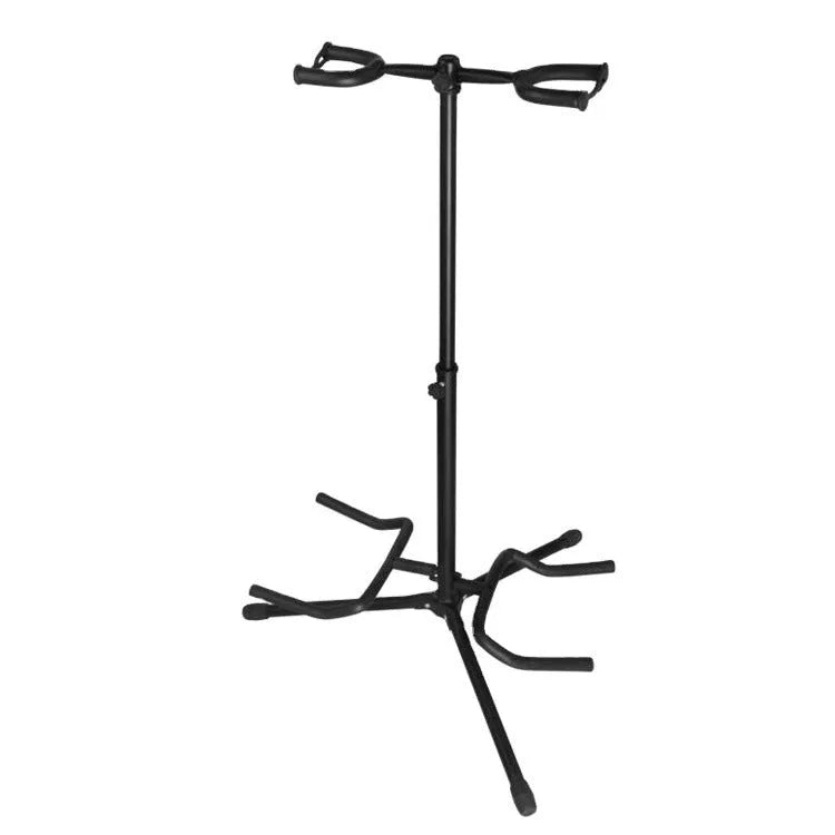 Black vertical double-headed adjustable guitar stand for acoustic and electric instruments