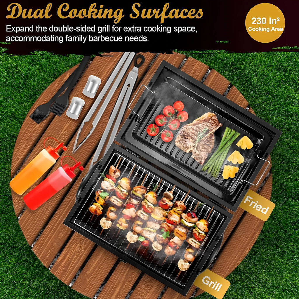 Small folding desktop charcoal barbecue grill showing compact portable design