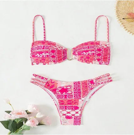 Women's floral bikini swimsuit in orange, blue and rose red colours with nylon lining
