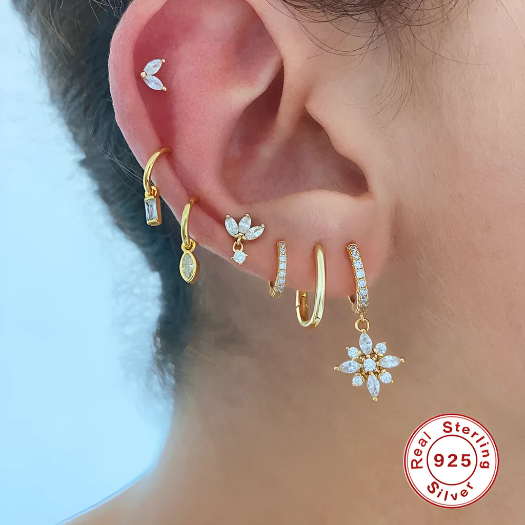 Sterling silver snowflake pendant earrings with gemstone accents in yellow gold or white gold colour options