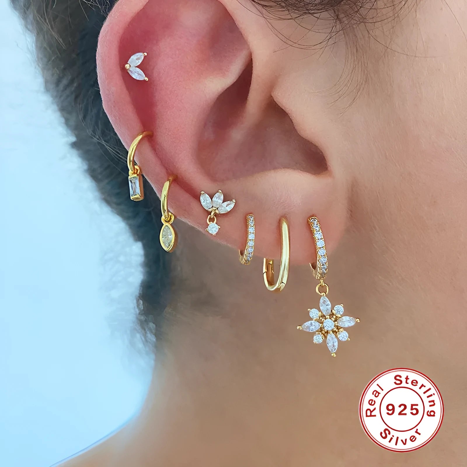 Sterling silver snowflake pendant earrings with gemstone accents in yellow gold or white gold colour options
